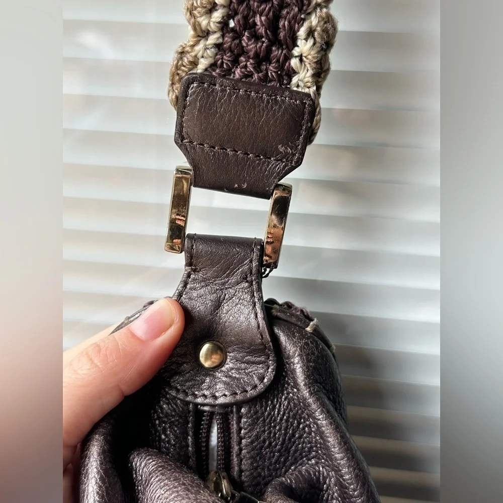 The Sak Metallic Bronze Brown Leather Small Crochet Shoulder Bag Y2K Boho